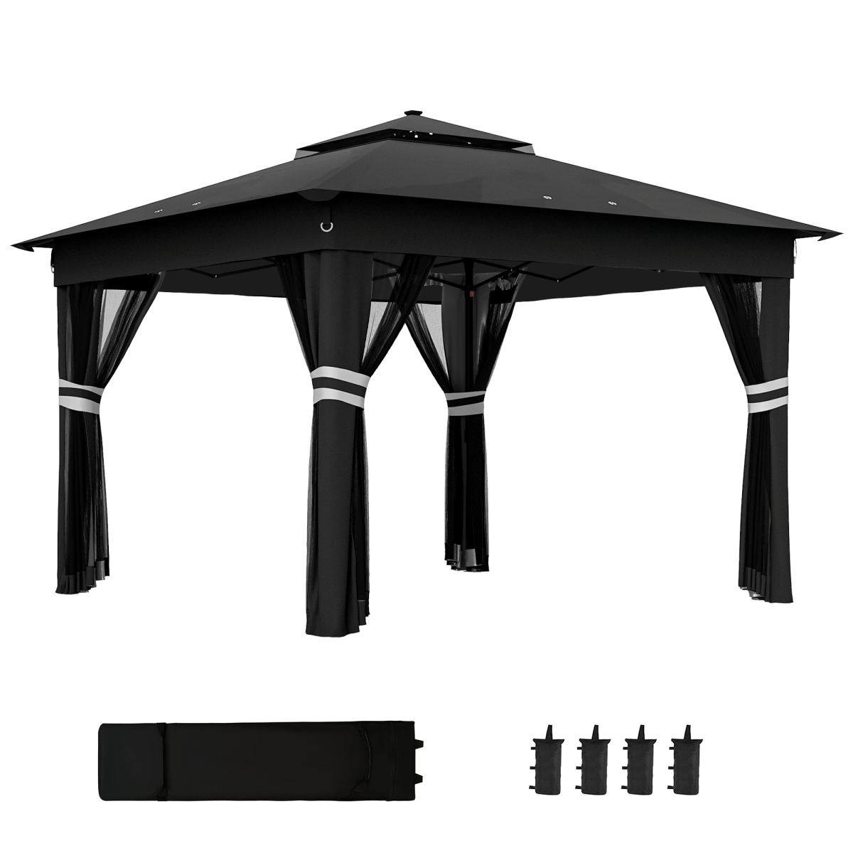 Outsunny 3 x 3m Pop Up Gazebo with Solar LED Lights and Netting, Black
