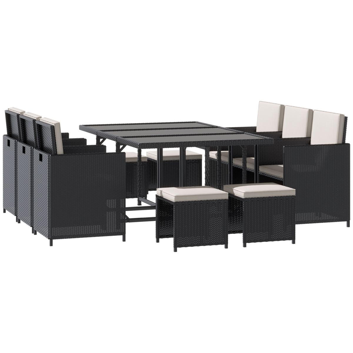 Outsunny 11-Piece Black Rattan Dining Set with Glass Table