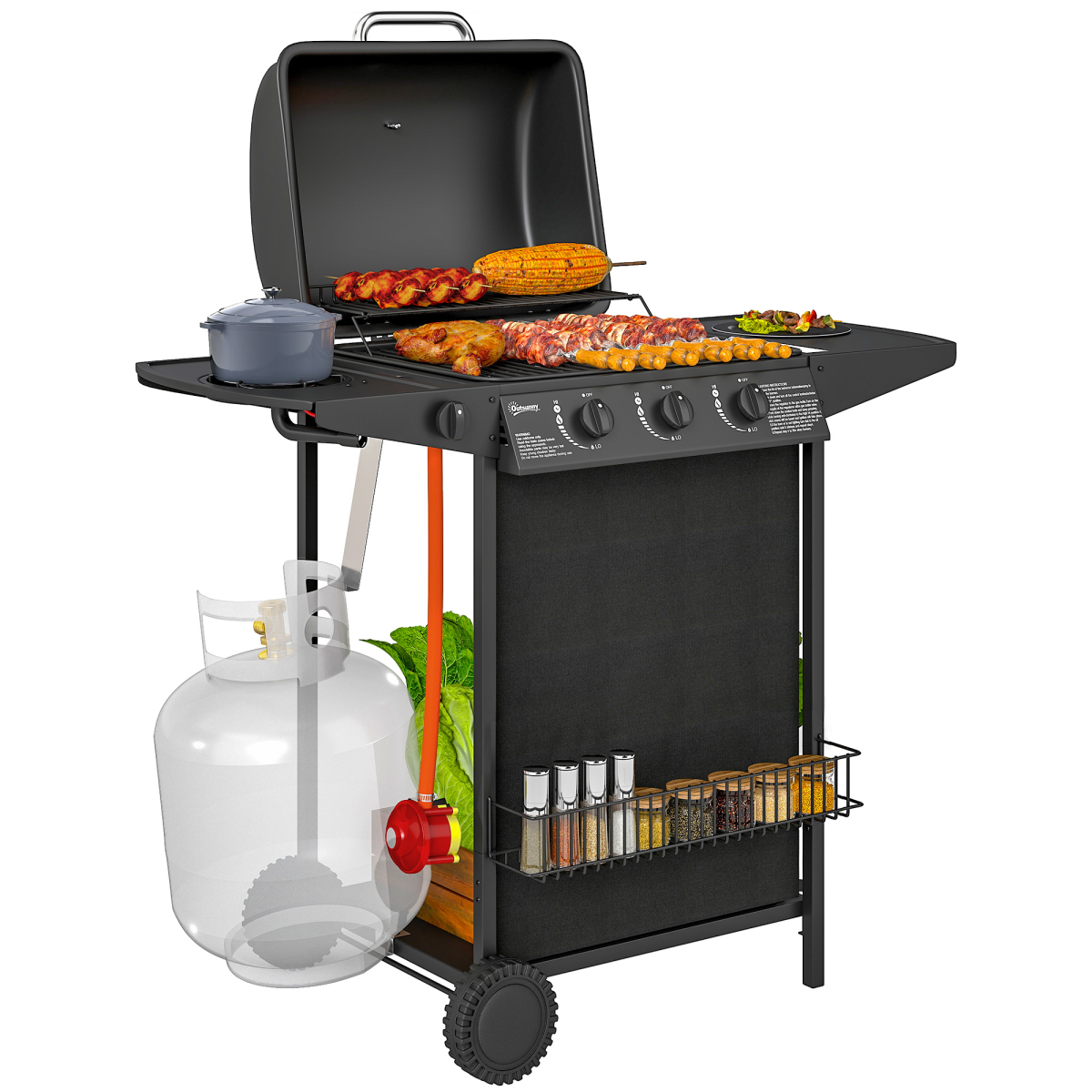 Outsunny 4-Burner Gas BBQ Grill with Side Burner and Lid, Black