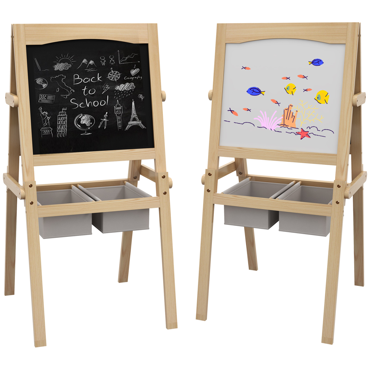 AIYAPLAY 3-in-1 Kids Easel with Paper Roll & Baskets, Natural