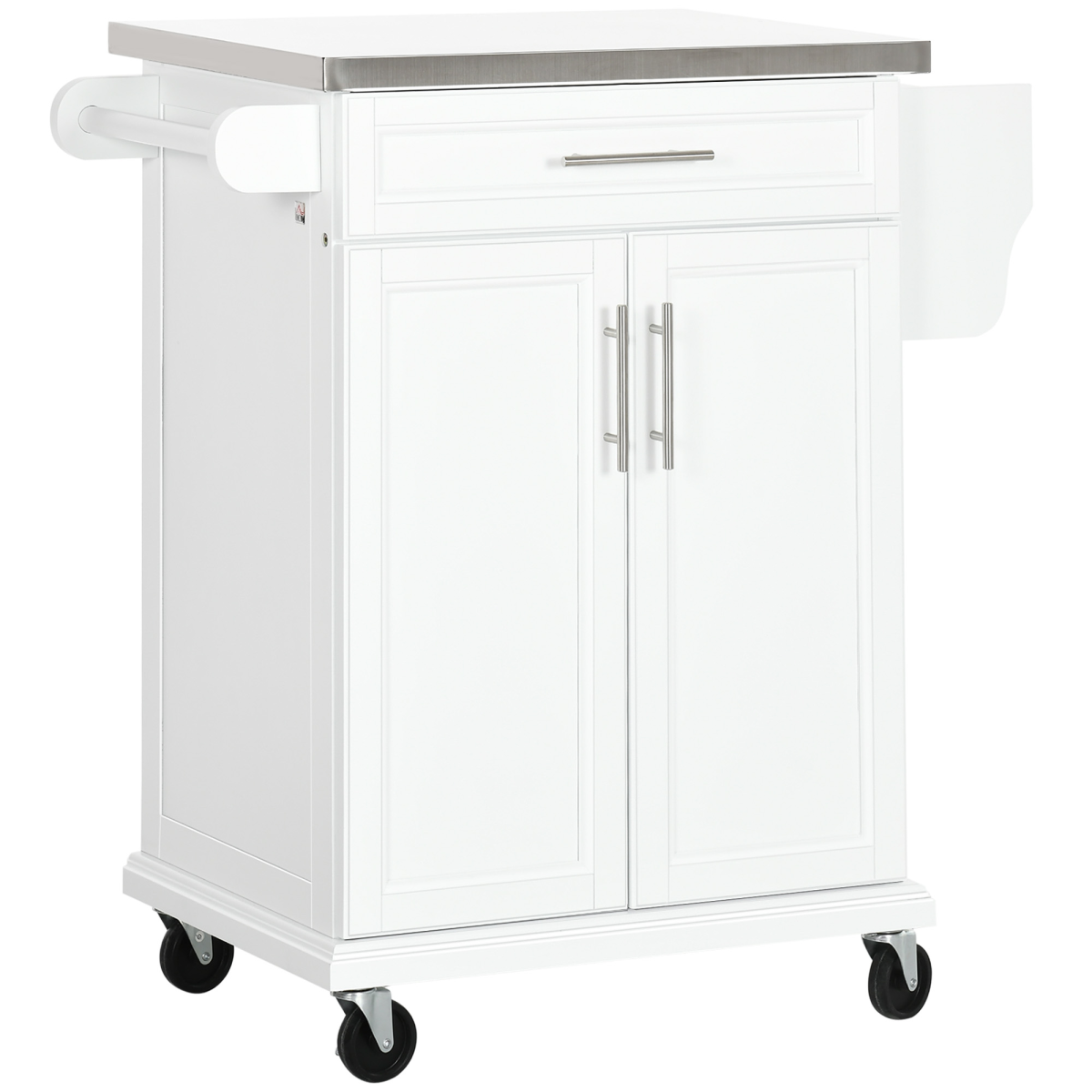 HOMCOM Rolling Kitchen Island Cart with Drawer, Storage Cabinet, Towel Rail, Knife Rack, Spice Rack, Stainless Steel Worktop, White