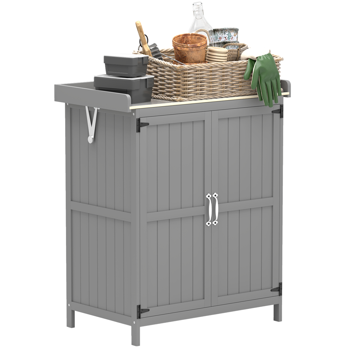 Outsunny Garden Storage Bench Workbench with Stainless Steel Top, Fir Wood, Hinged Roof and Double Doors, Grey