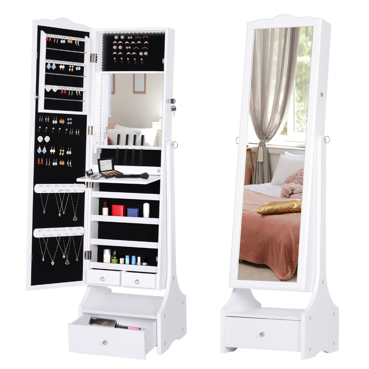 Freestanding Mirrored Jewelry Cabinet Armoire with Lock and LED Light, White