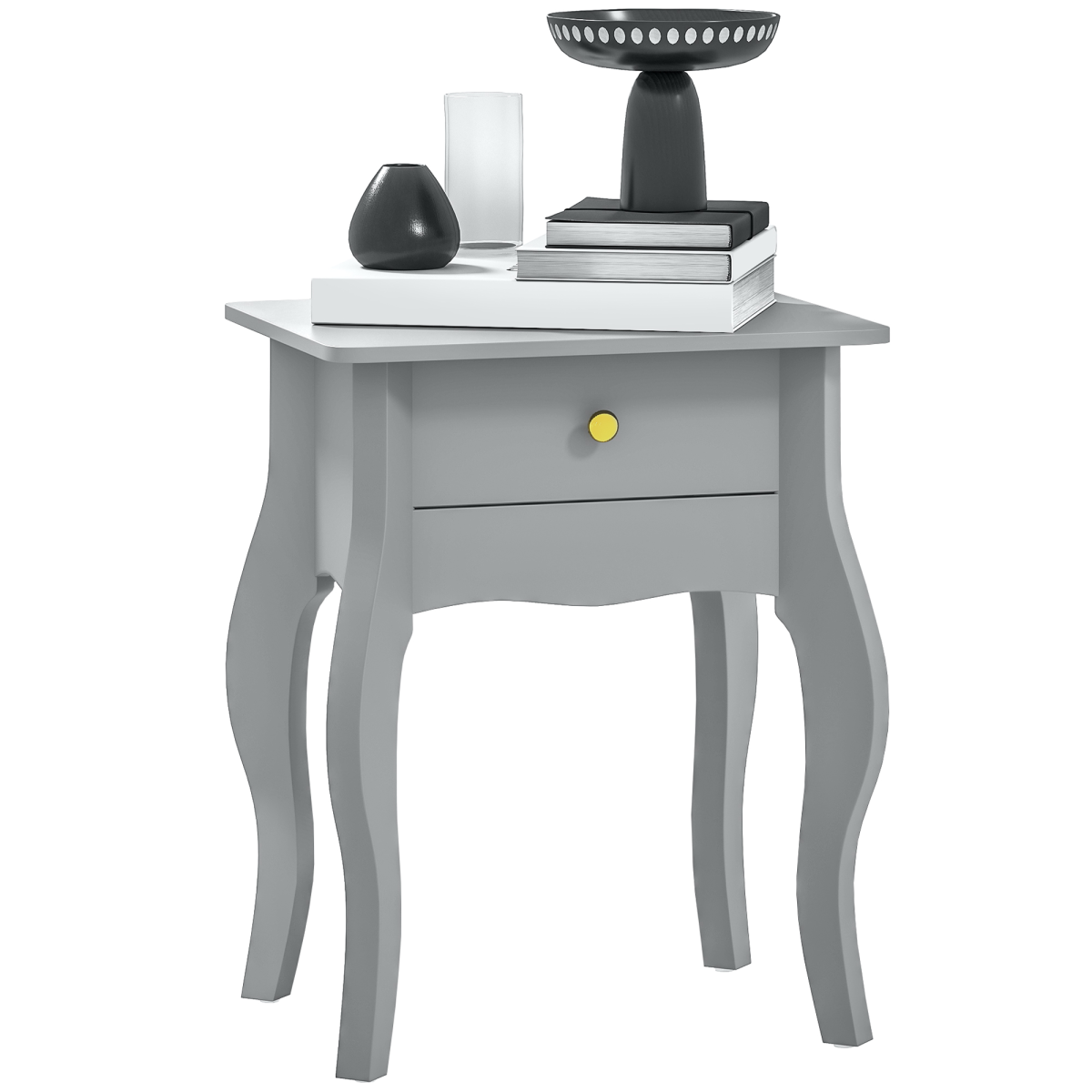 HOMCOM French Style Grey Side Table with Drawer, Curved Legs