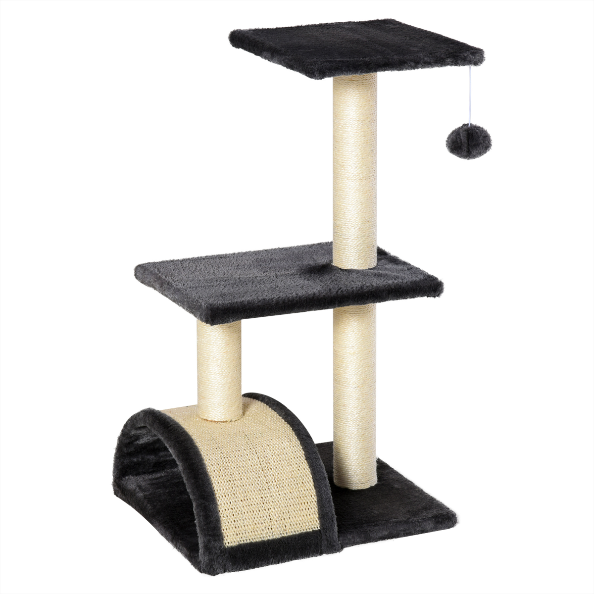 Grey Cat Tree Activity Center with Sisal Scratching Posts, Arched Scratching Pad, Perches and Hanging Play Ball