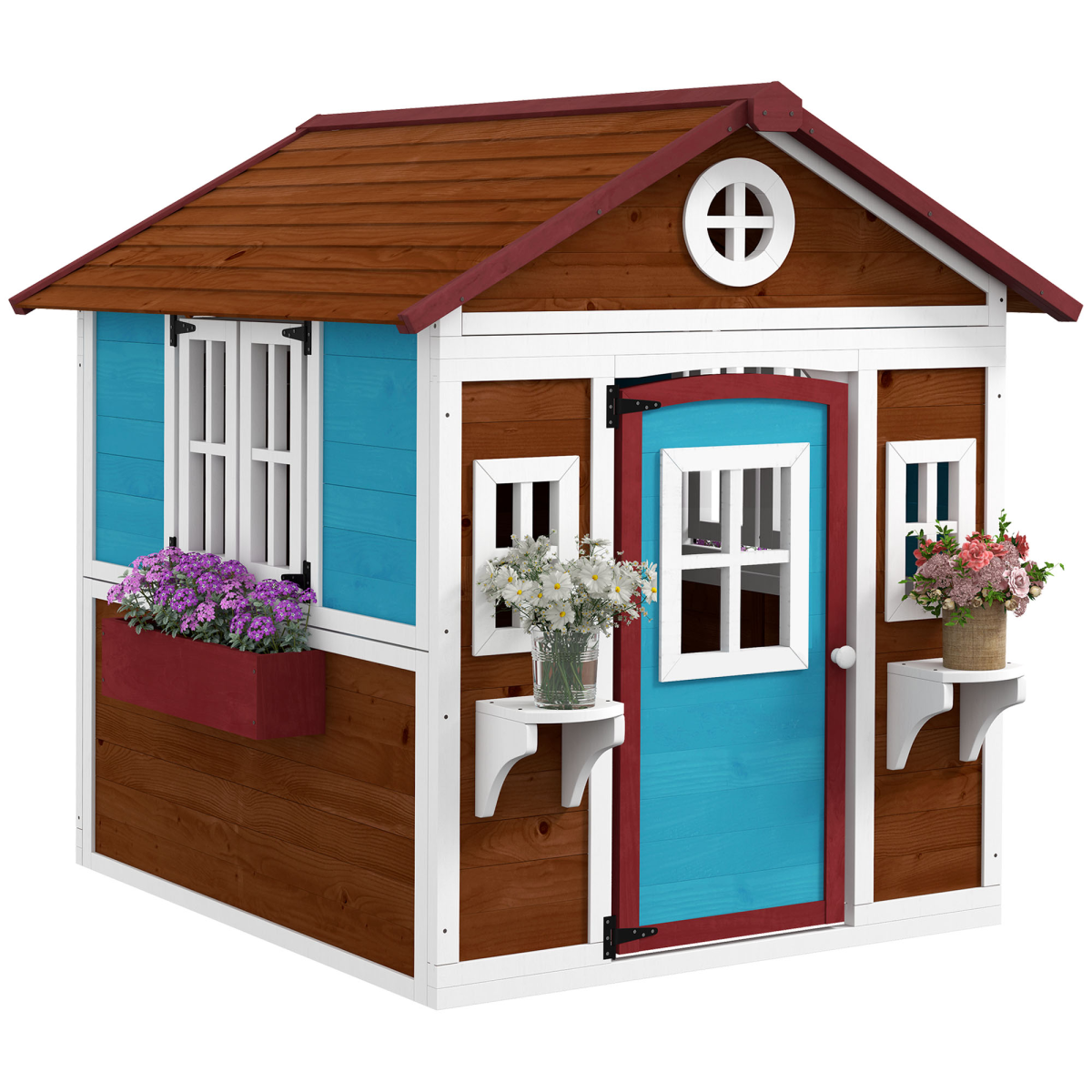 Outsunny Wooden Kids Playhouse with Doors, Windows & Plant Pots