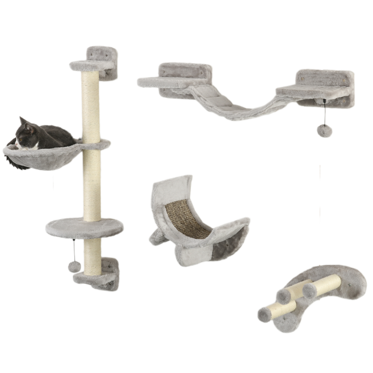 PawHut 4-Piece Wall-Mounted Cat Furniture Set with Hammock, Grey
