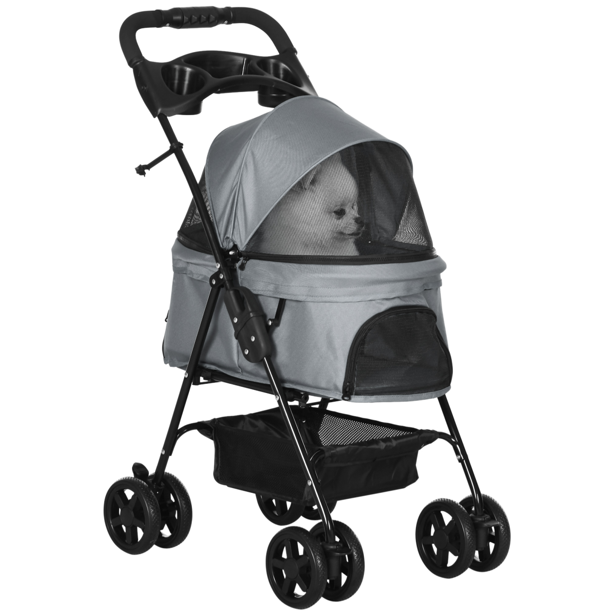 Foldable Pet Stroller with Brake Wheels, Adjustable 4-Position Canopy, Mesh Ventilation and Safety Leashes