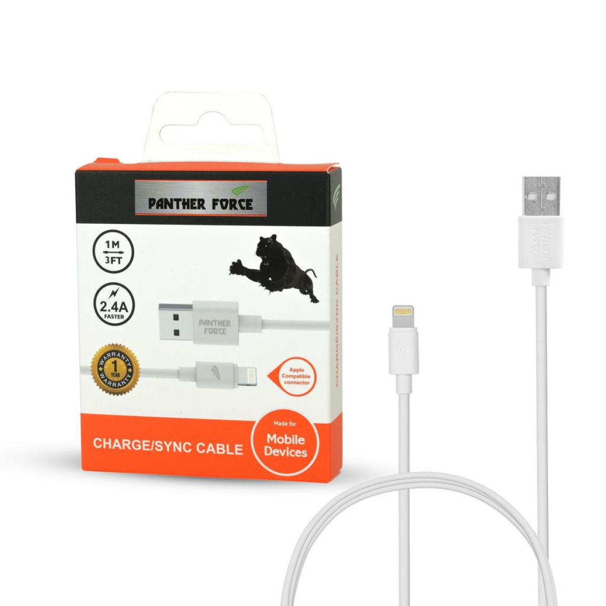 Panther Force Apple Lightning to USB Charge/Sync Cable, 1m, White