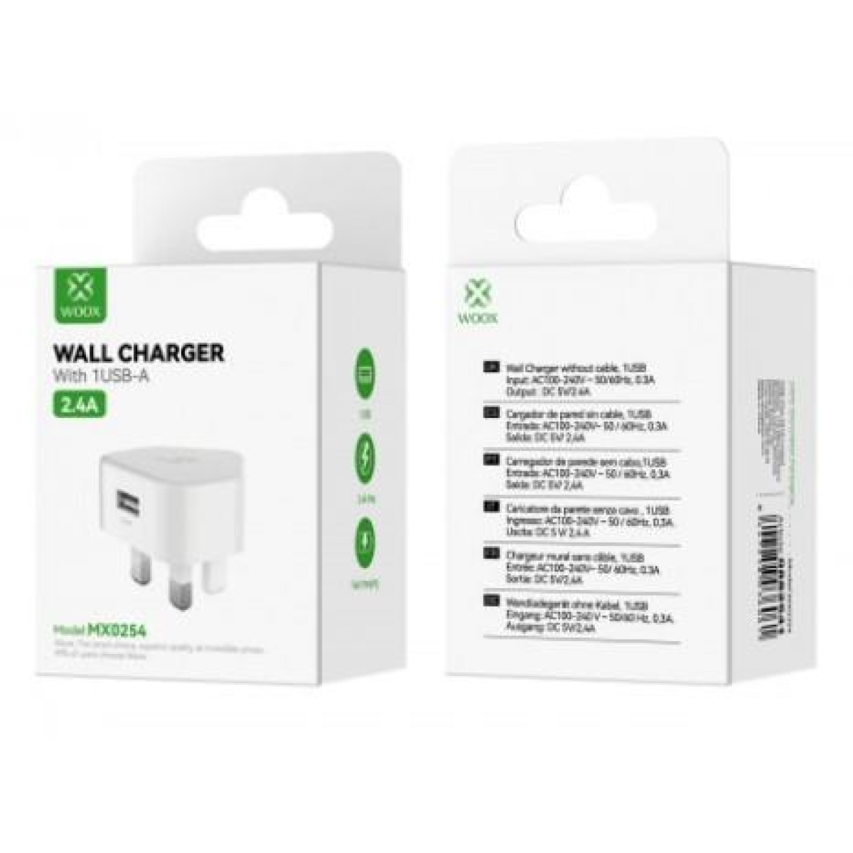 WOOX MX0254 2.4A Single USB Wall Charger, White, without cable