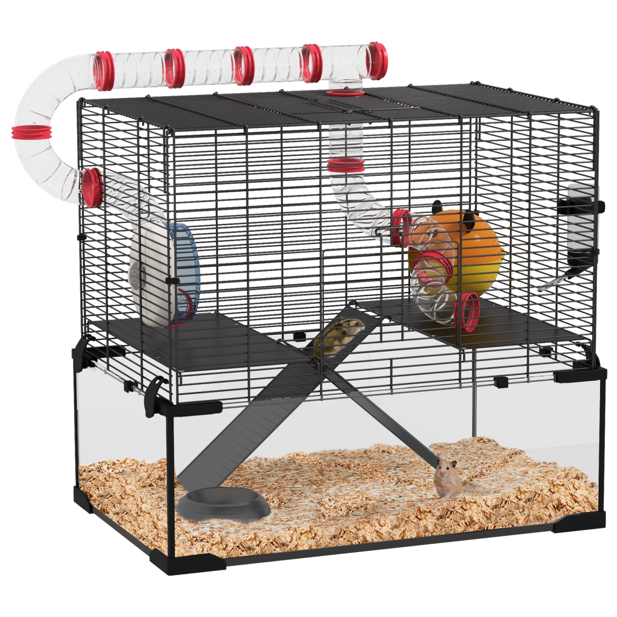 PawHut Hamster Cage with Tubes, Ramps, Platforms and Hut, 60 x 40 x 57 cm