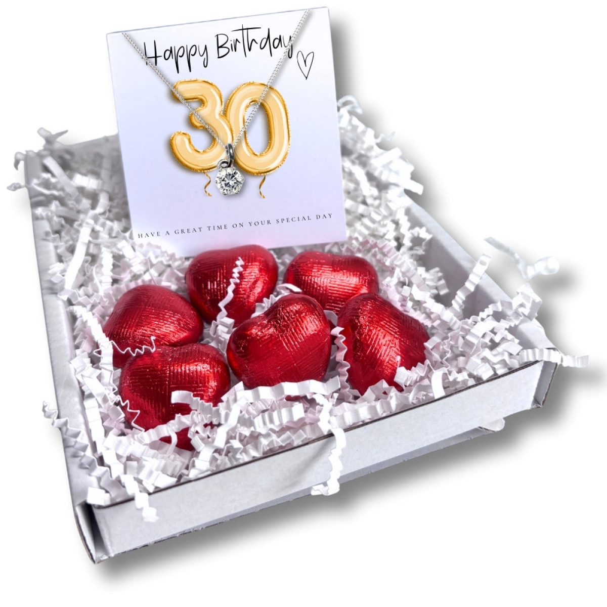 30th Birthday Cubic Zirconia Silver Necklace Gift Hamper with Gold Balloons Card and Milk Chocolate Hearts