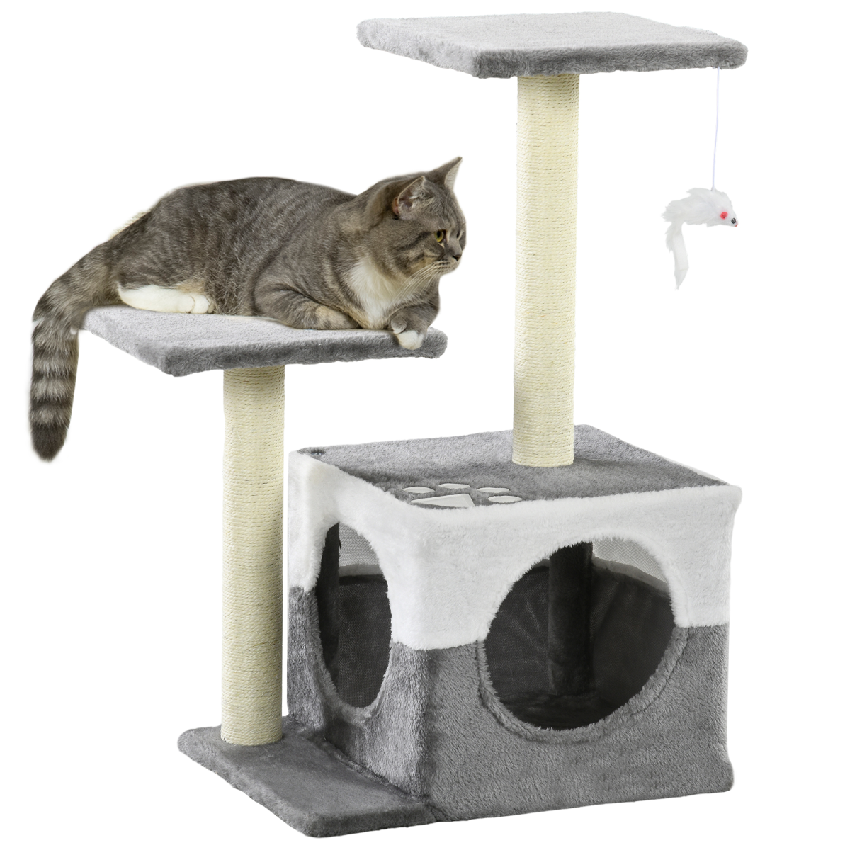PawHut Grey Cat Tree with Sisal Posts, House, Perches & Toy Mouse