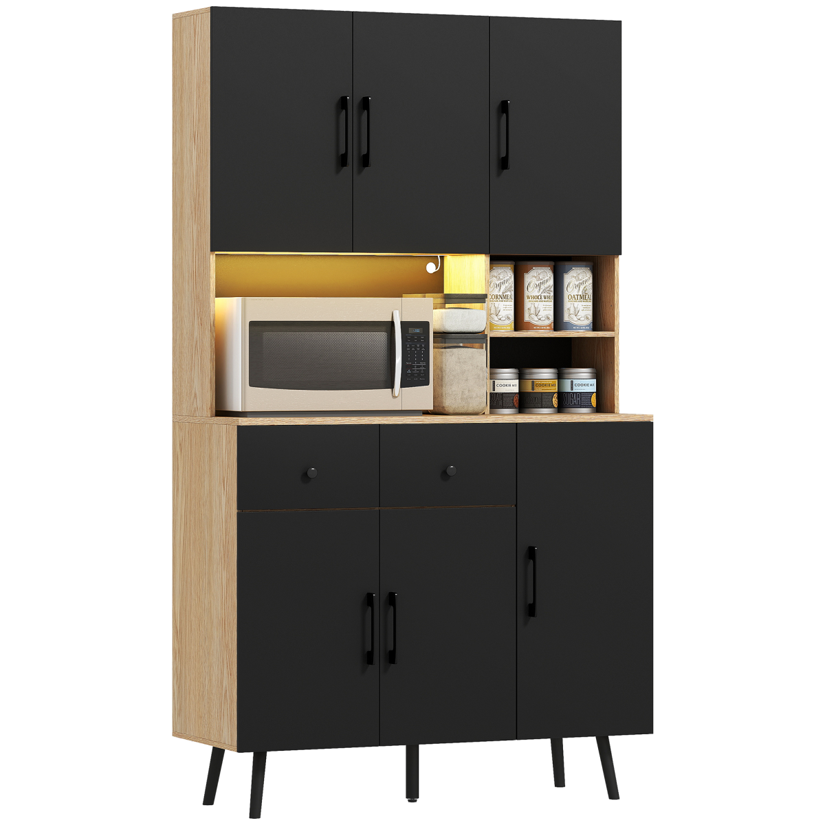 HOMCOM Tall Kitchen Cupboard with USB RGB LED Lights, Oak and Black