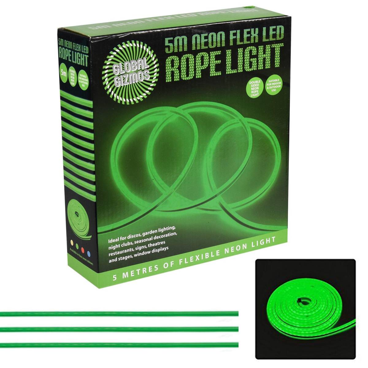 Global Gizmos 5 Metre Double Sided LED Neon Rope Light - Green