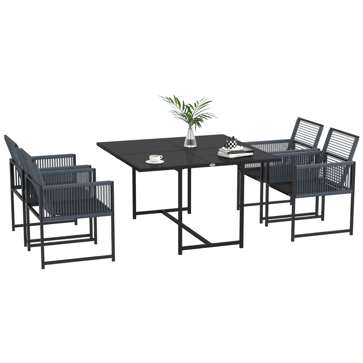 Outsunny 5 Piece Patio Dining Set with 4 Chairs and Tempered Glass Table, Dark Grey