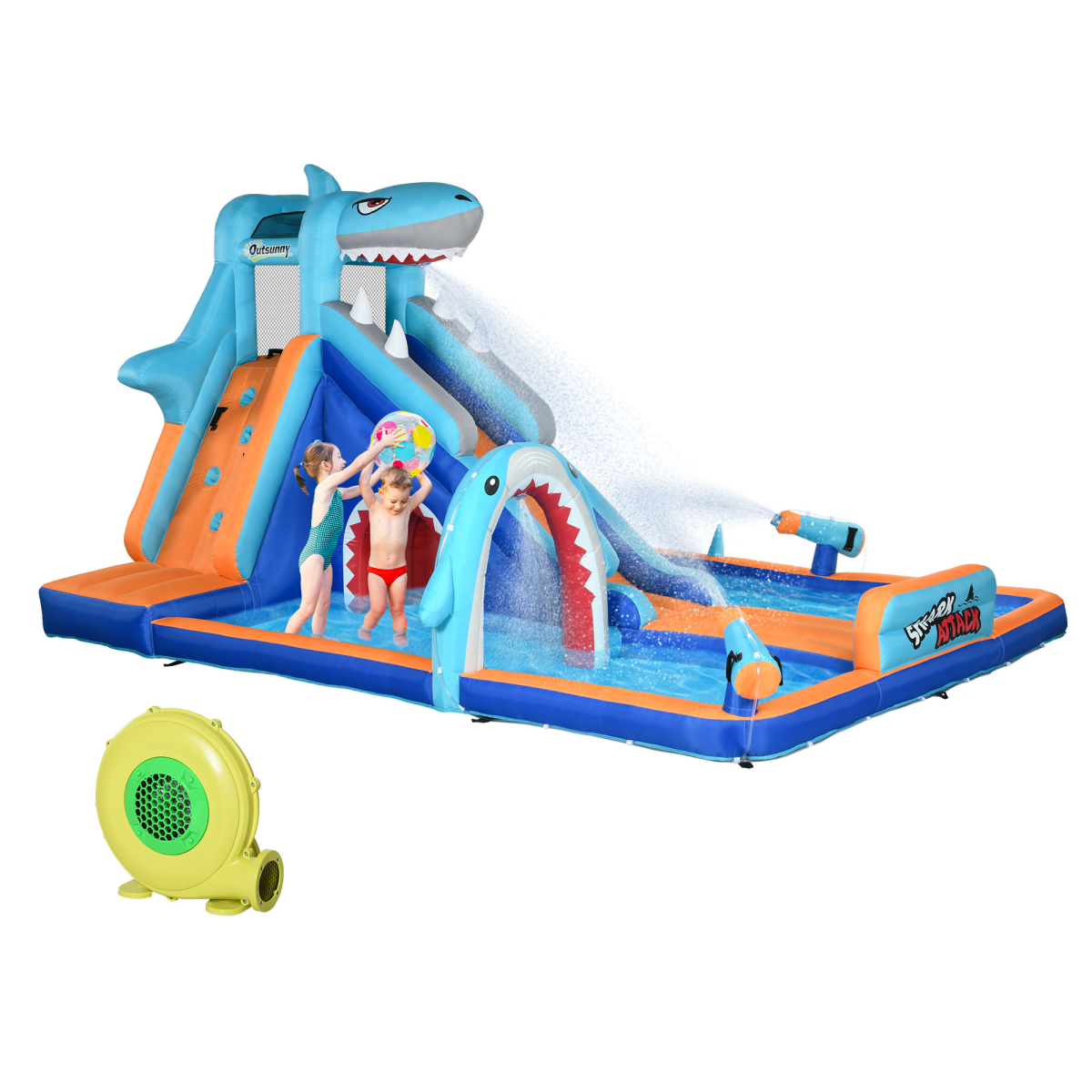 Outsunny 6-in-1 Kids Shark-Themed Bouncy Castle Water Park with Slide, Pool, Trampoline and Blower