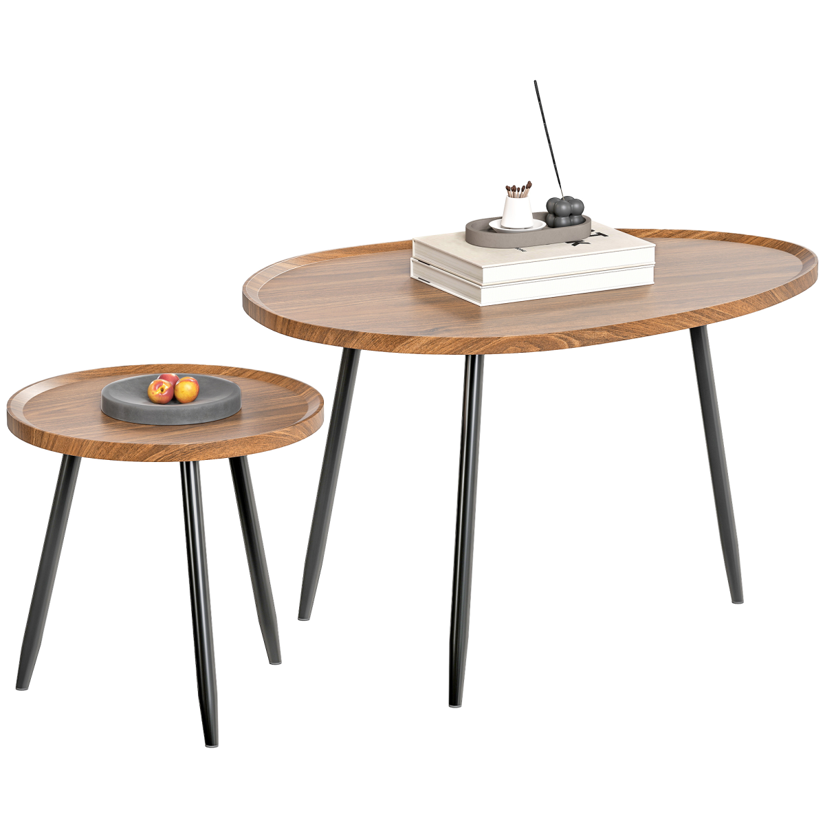 HOMCOM Set of 2 Nesting Side Tables, Chestnut Wood Effect, Metal Legs