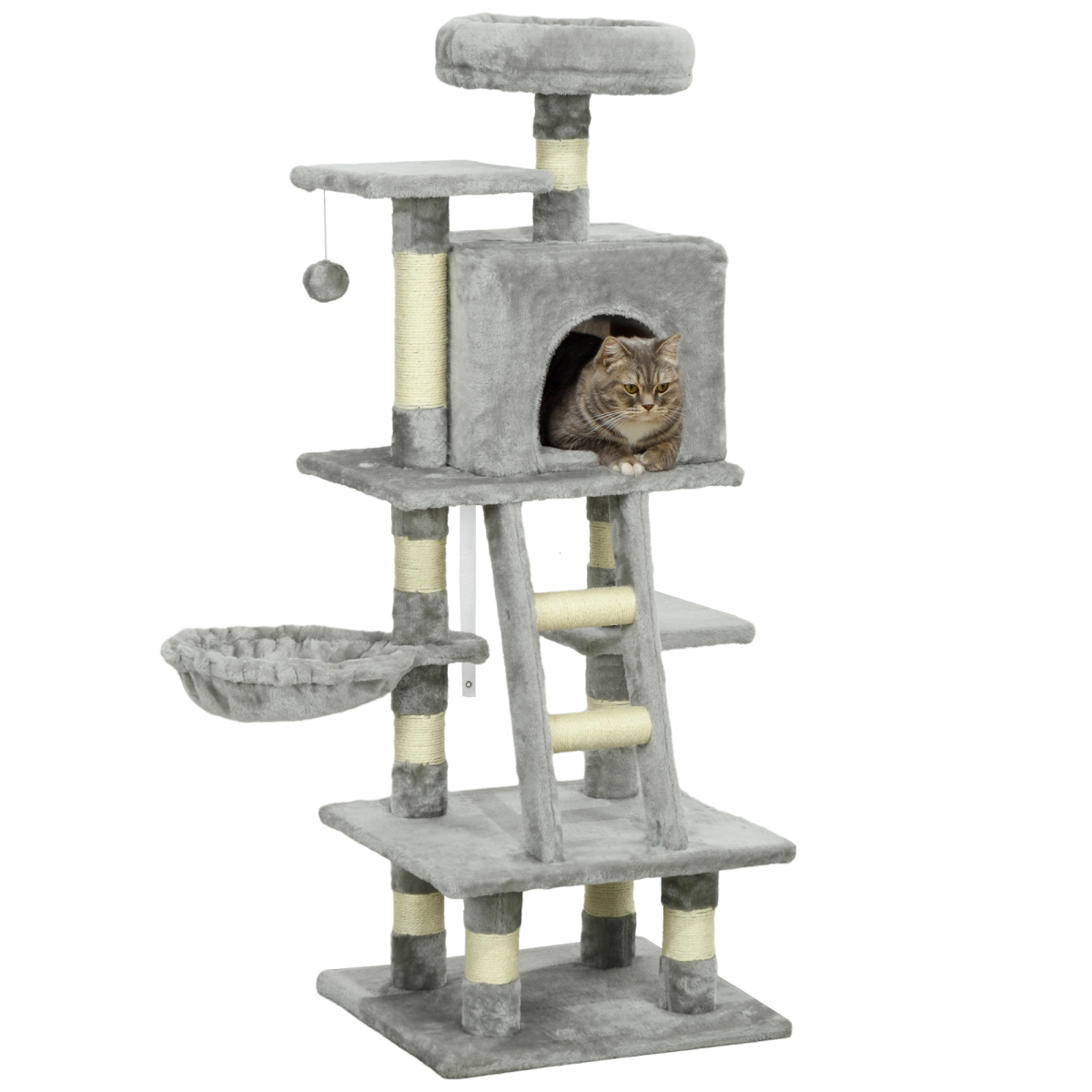 PawHut 132cm Cat Tree with House, Hammock & Scratch Posts Grey