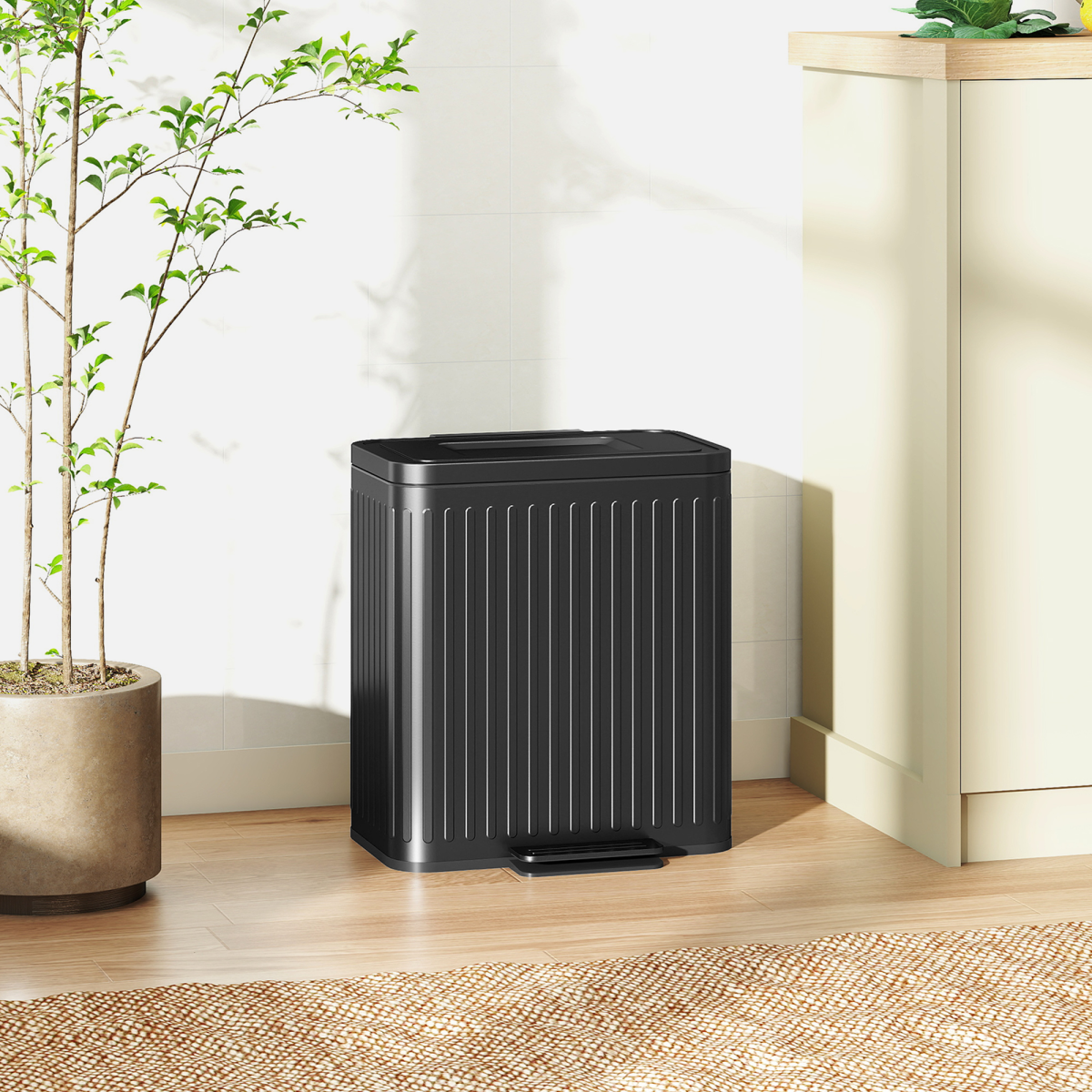 Black Double Kitchen Bin with Pedal Lid, 2 x 20L, Metal and PP Plastic
