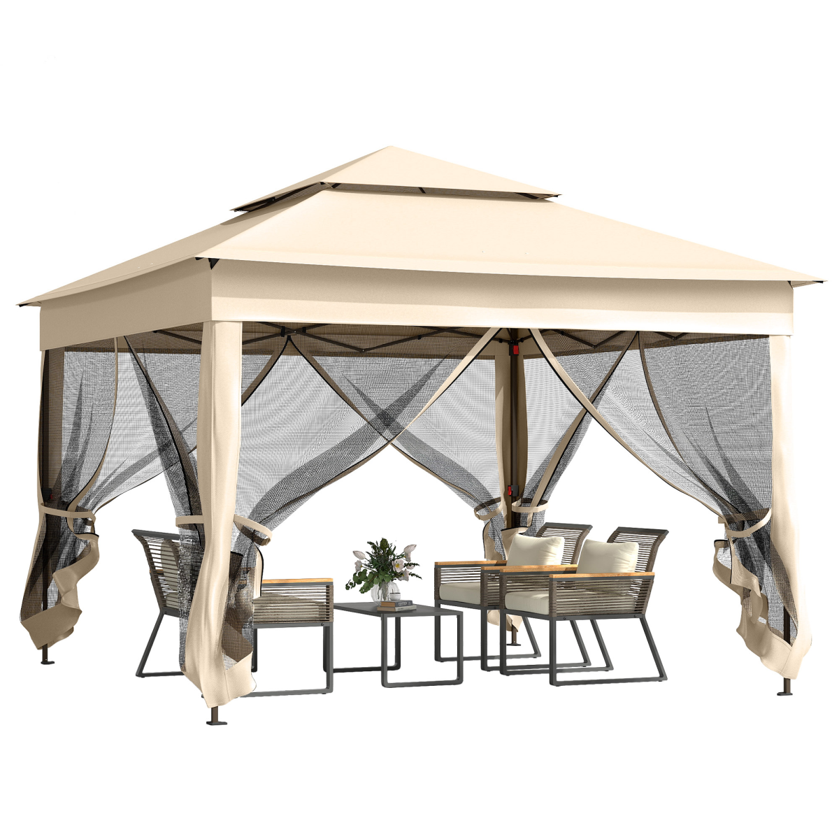 Outsunny 3.25 x 3.25m Folding Garden Pop Up Gazebo Tent with Metal Frame, Polyester Canopy, Cream White Sidewalls