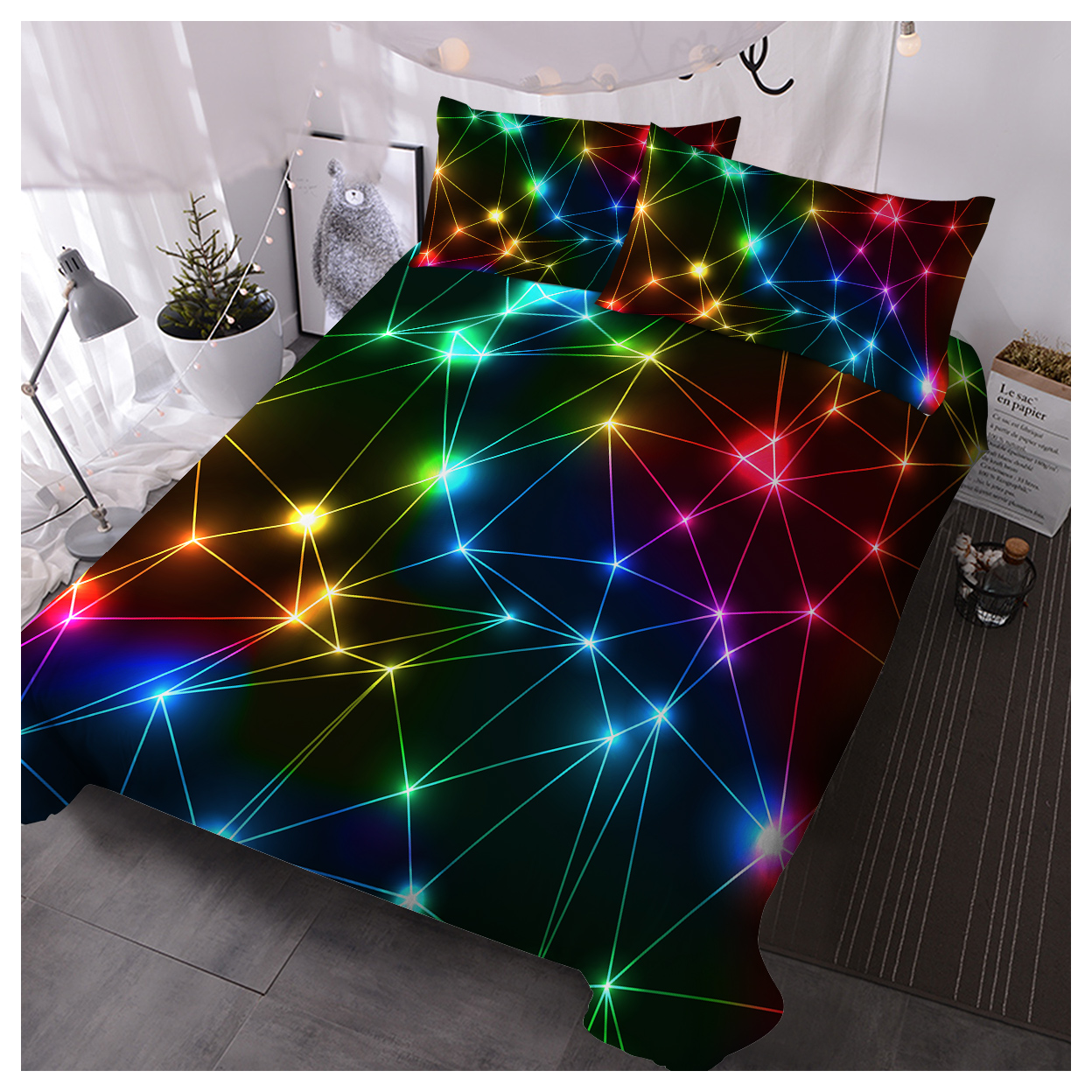 Triangle Retro Neon Duvet Cover Set, Glowing Sparkling Rainbow Laser Pattern, 3 Piece Boy Bedding Set