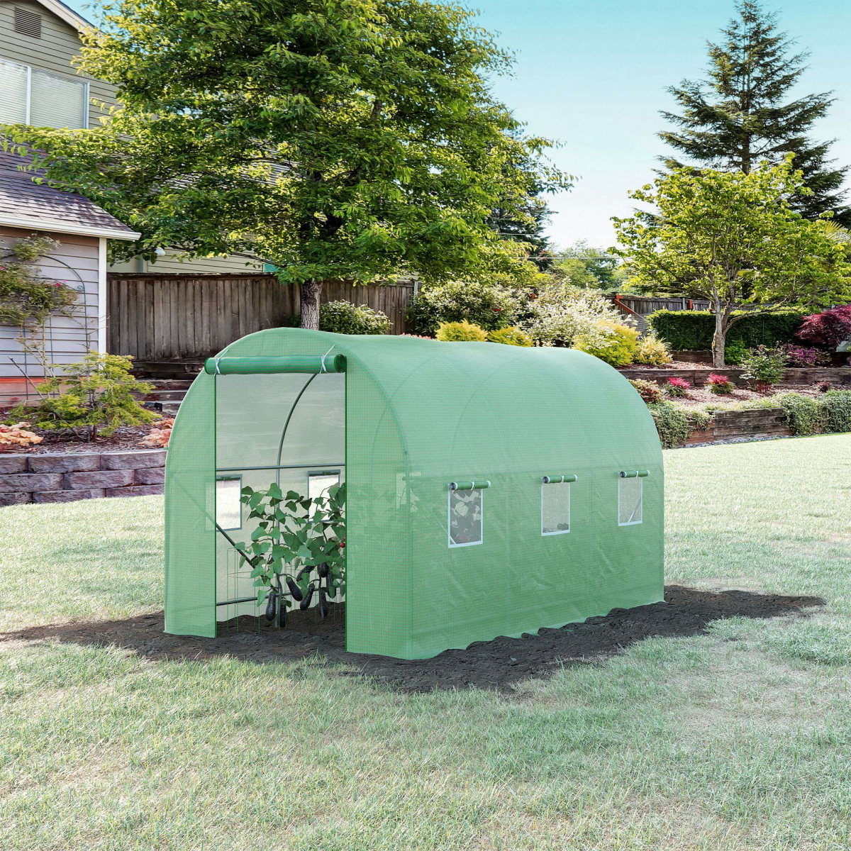 Walk-In Tunnel Greenhouse with Steel Frame, 6 Windows and Zippered Roll-Up Door