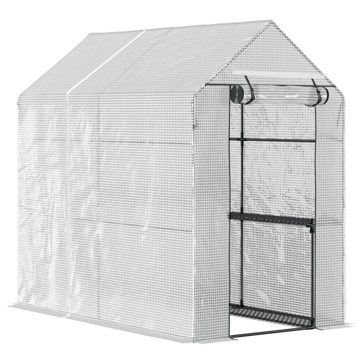 Outsunny Walk-In Garden Greenhouse with 4 Wire Shelves, Steel Frame, Roll-Up Door, 186L x 120W x 190Hcm, White