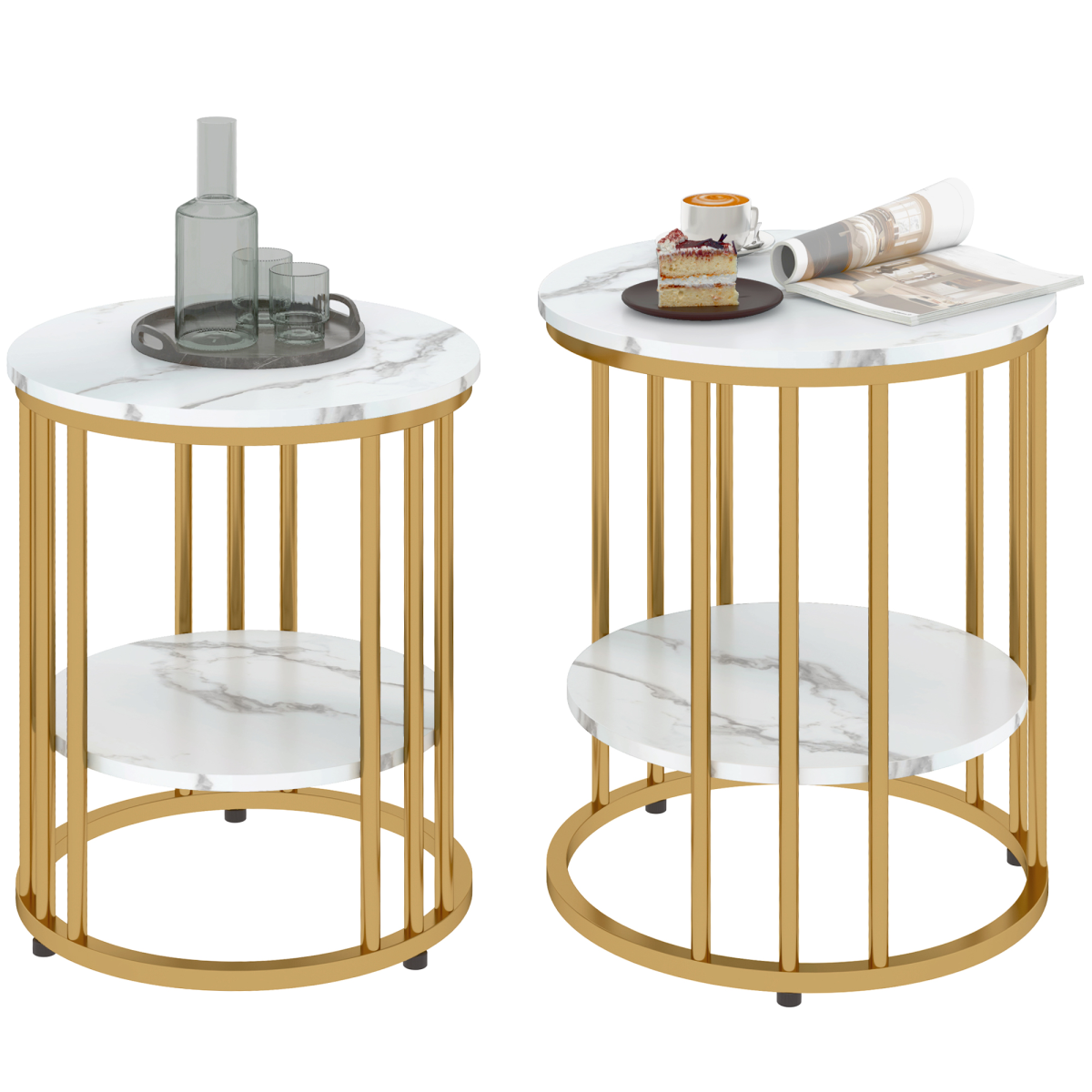 Set of 2 Marble-Effect Tables with Gold Tone Legs for Home & Office
