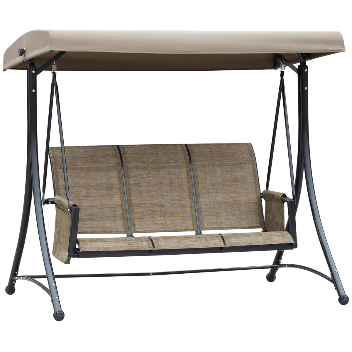 Outsunny 3-Person Swing Chair with Adjustable Canopy, Side Pockets and High Back, Brown