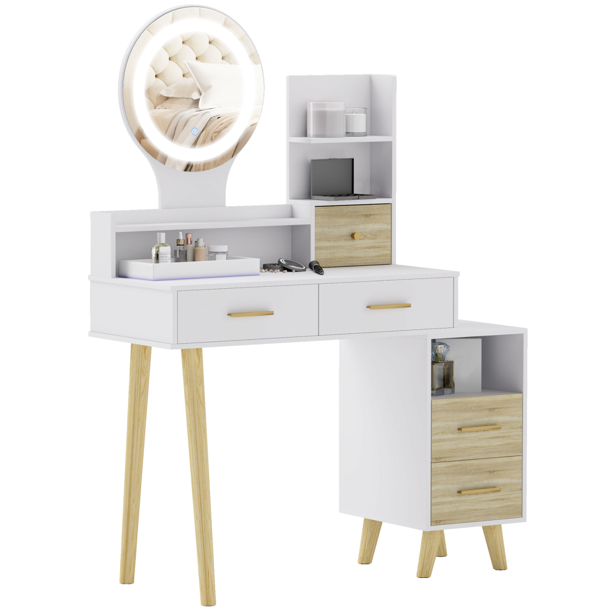 HOMCOM White Vanity Table with Mirror, LED Lights, 5 Drawers