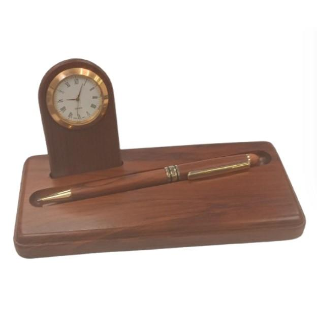 Imperial Miniature Wooden Desk Clock and Gold Trim Ball Pen Gift Set