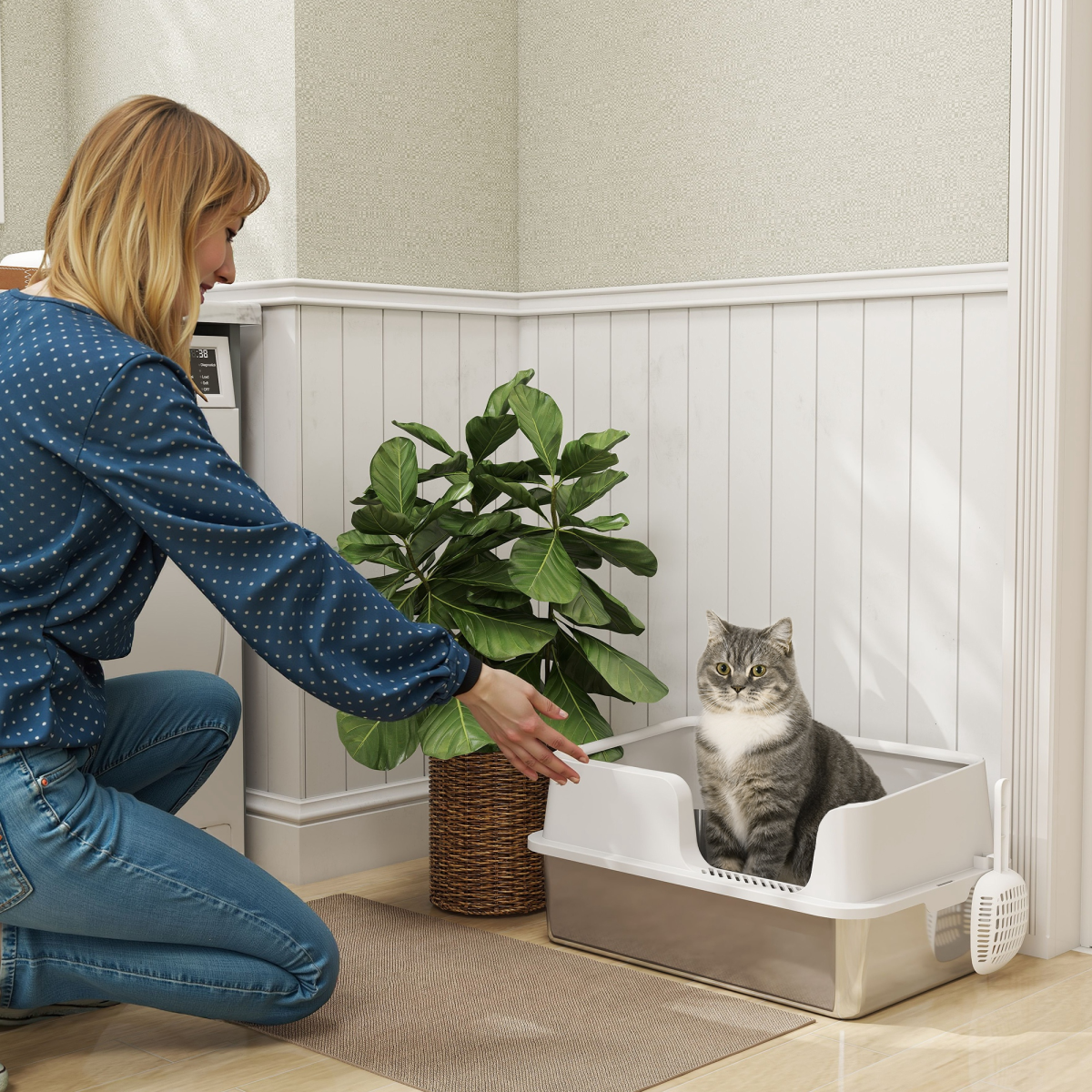Extra Large Stainless Steel Cat Litter Box with Scoop