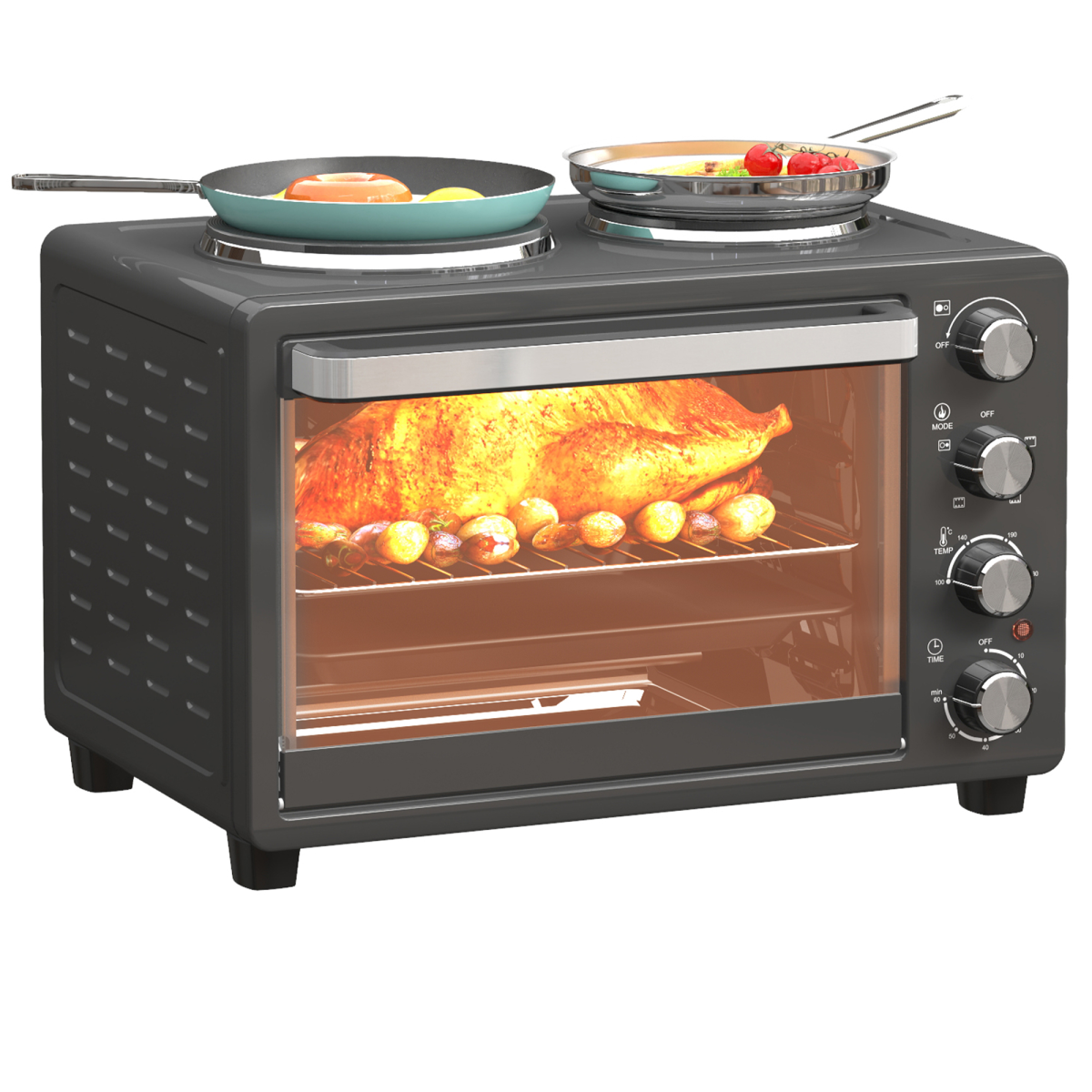 HOMCOM 28L Countertop Oven with 2 Hot Plates, Grill, Roast & Bake