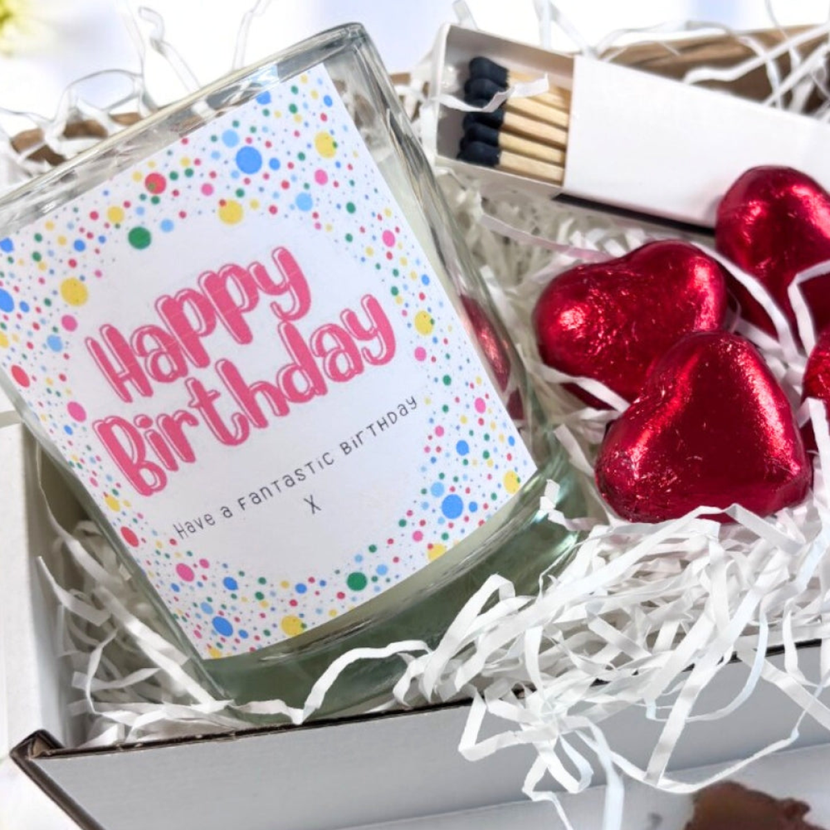 Happy Birthday Candle Gift Set with Chocolates and Matches for Her