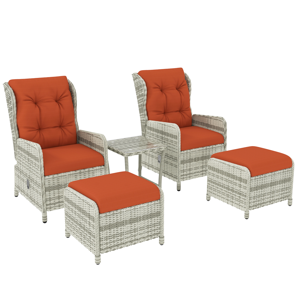 Outsunny 5-Piece Orange Rattan Reclining Garden Furniture Set