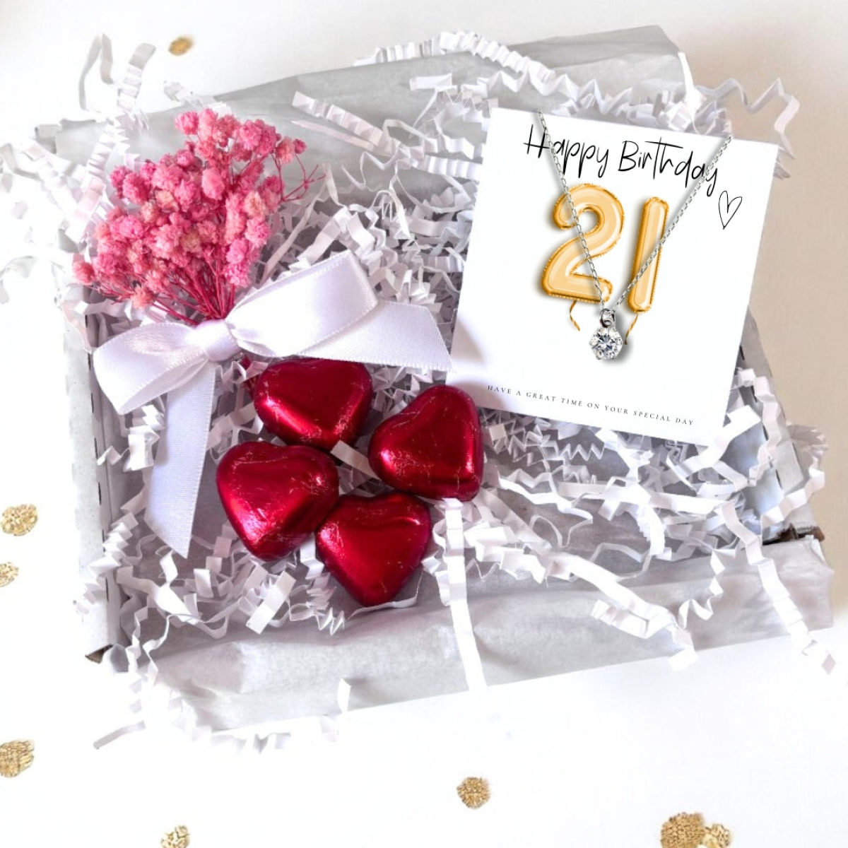 21st Birthday Silver Necklace Gift Hamper with Gold Balloons Card, Milk Chocolate Hearts & Mini Bouquet