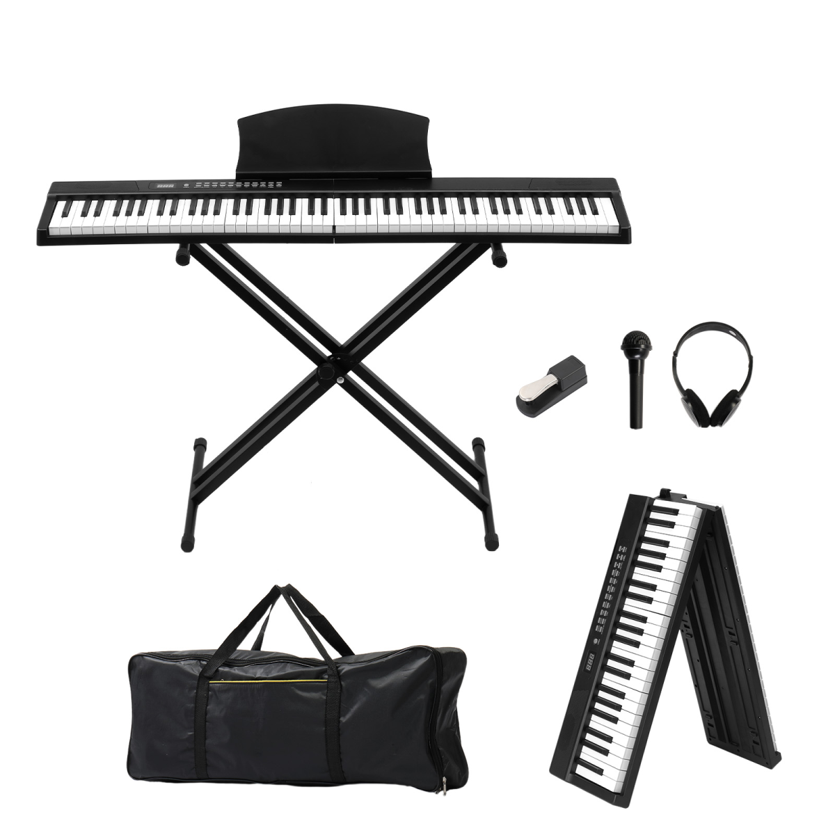 Glarry GPPS01-106 88-Key Folding Digital Piano with Semi-Weighted Keys, MIDI Bluetooth, Dual X-Stand, Headphone and Bag, Black