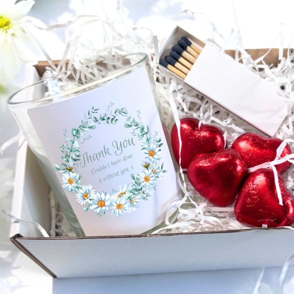 Daisy Flower Candle Gift Set with Chocolates and Matches