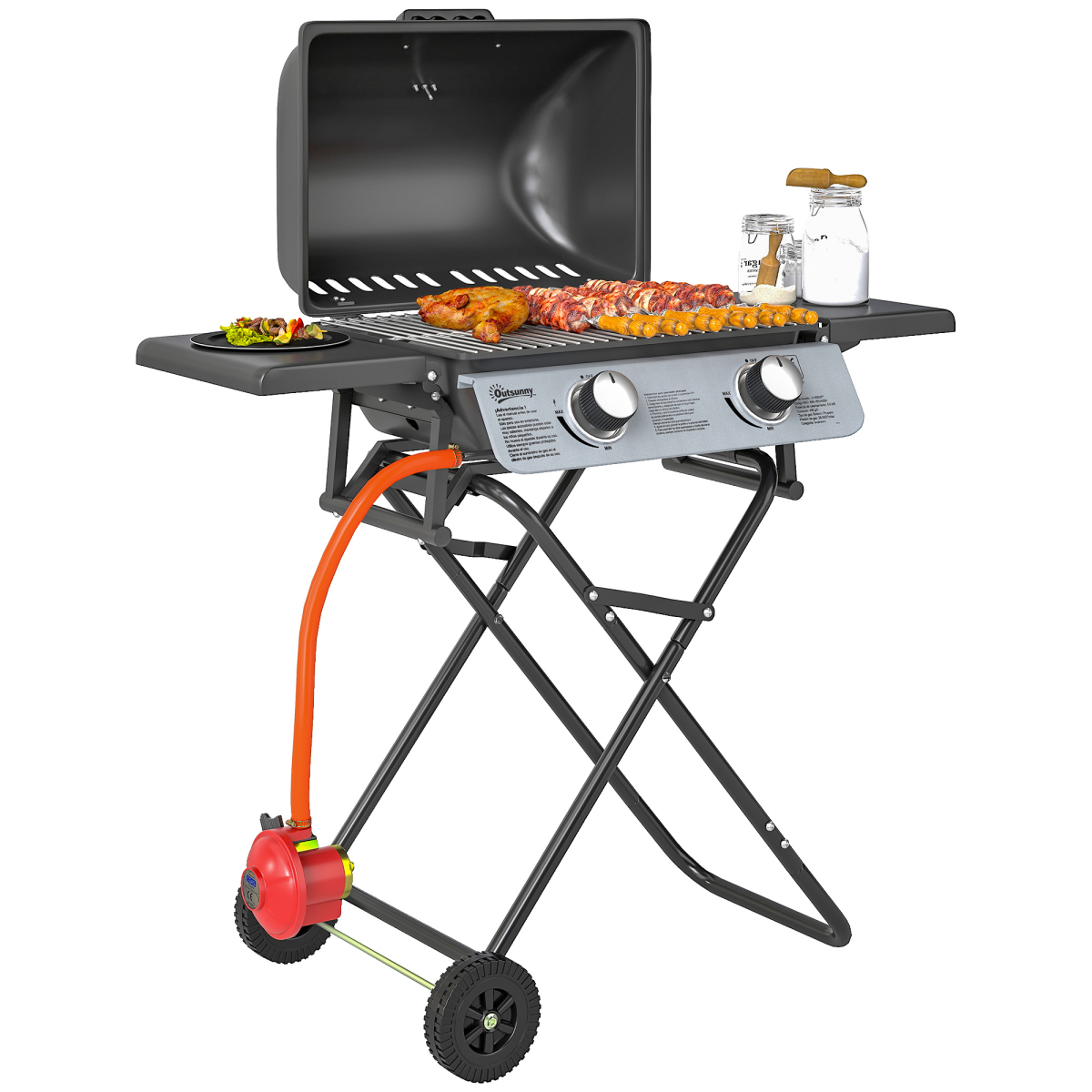 Outsunny Portable Foldable Gas Barbecue Grill with Thermometer, Black