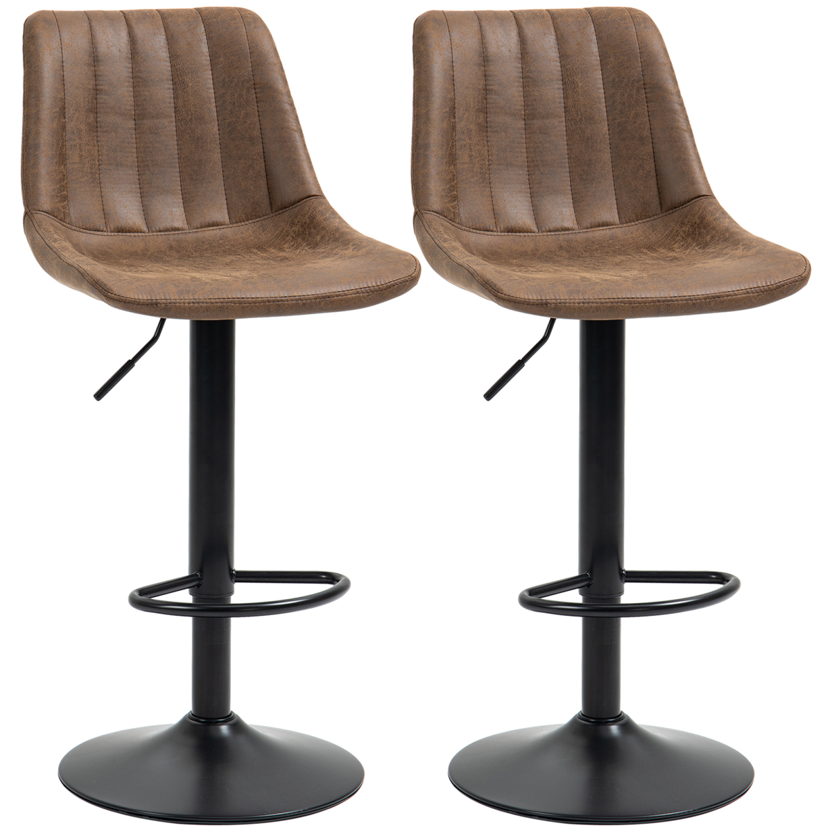 Set of 2 Retro Microfibre Tub Bar Stools with Adjustable Height, Metal Frame and Footrest, Brown