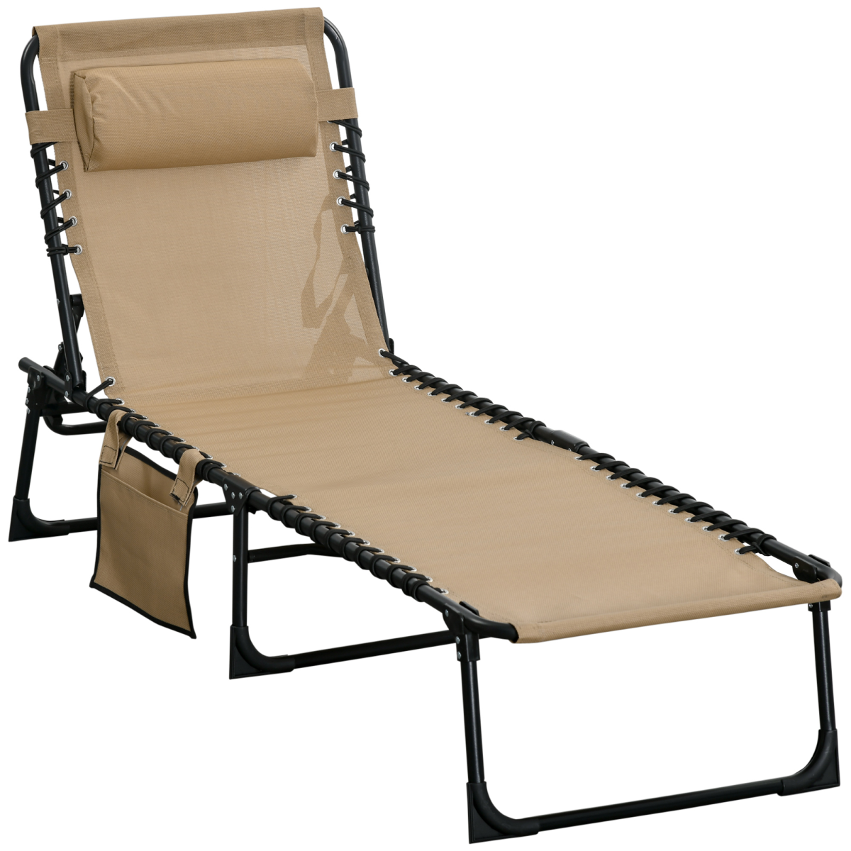 Outsunny Portable Sun Lounger with 5-Position Adjustable Backrest, Removable Pillow, Side Pocket, Foldable Steel Frame, Weather-Resistant Mesh Seat