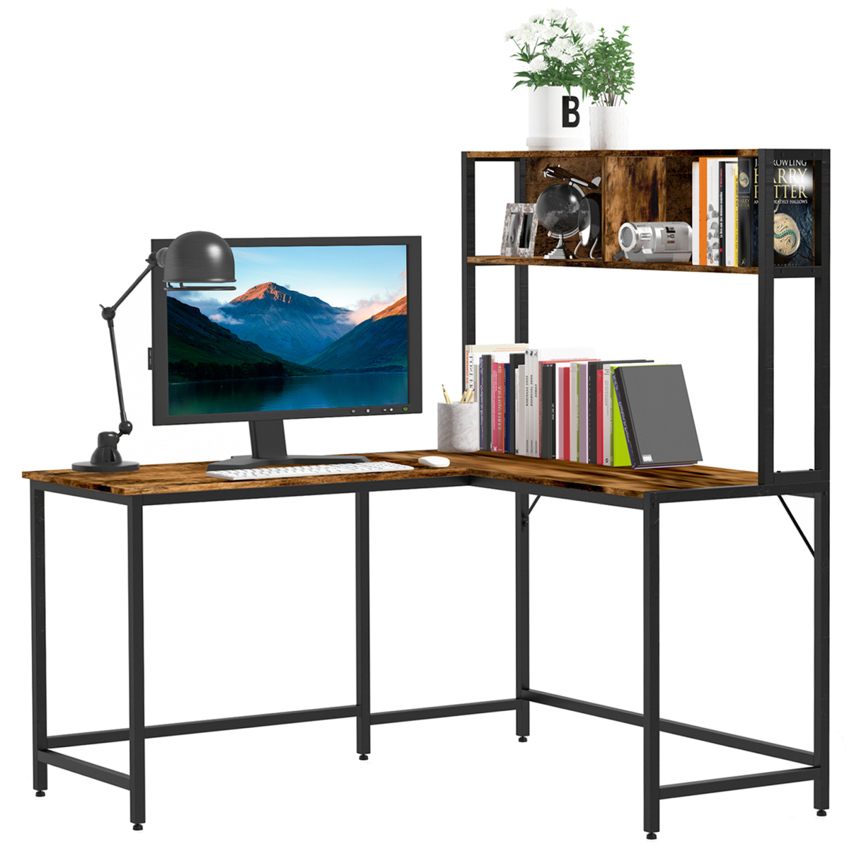 Industrial L-Shaped Desk with Shelf, 149x140x125cm - Brown & Black