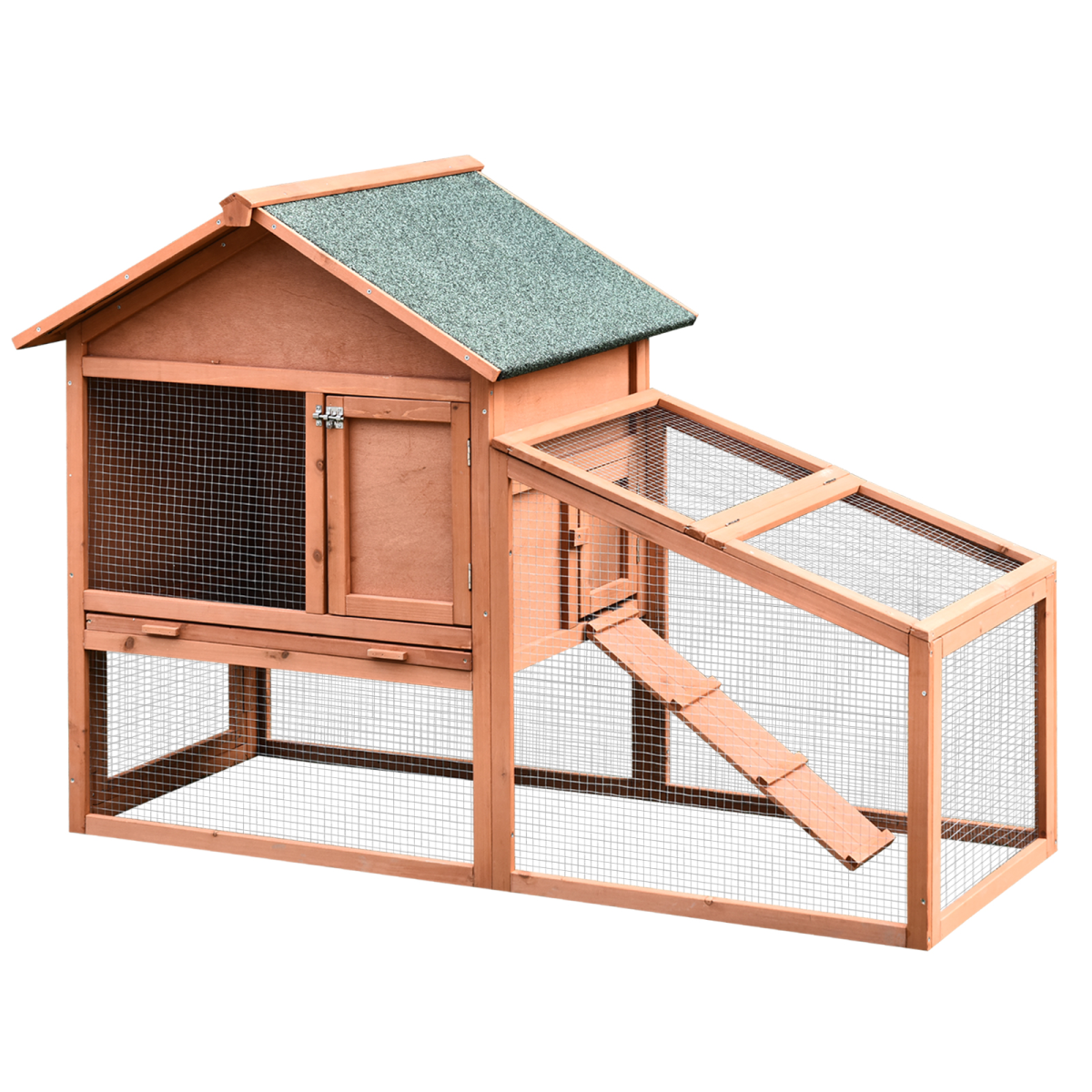 Pawhut 2 Tier Wooden Rabbit Hutch with Asphalt Roof, Ramp, Water Resistant, 144 x 64.5 x 100 cm