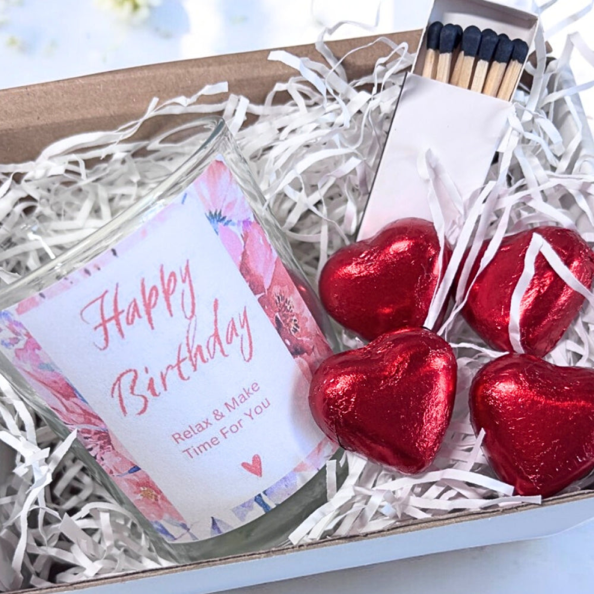 Pink Happy Birthday Pink Flower Glass Candle Gift Set with Chocolates and Matches