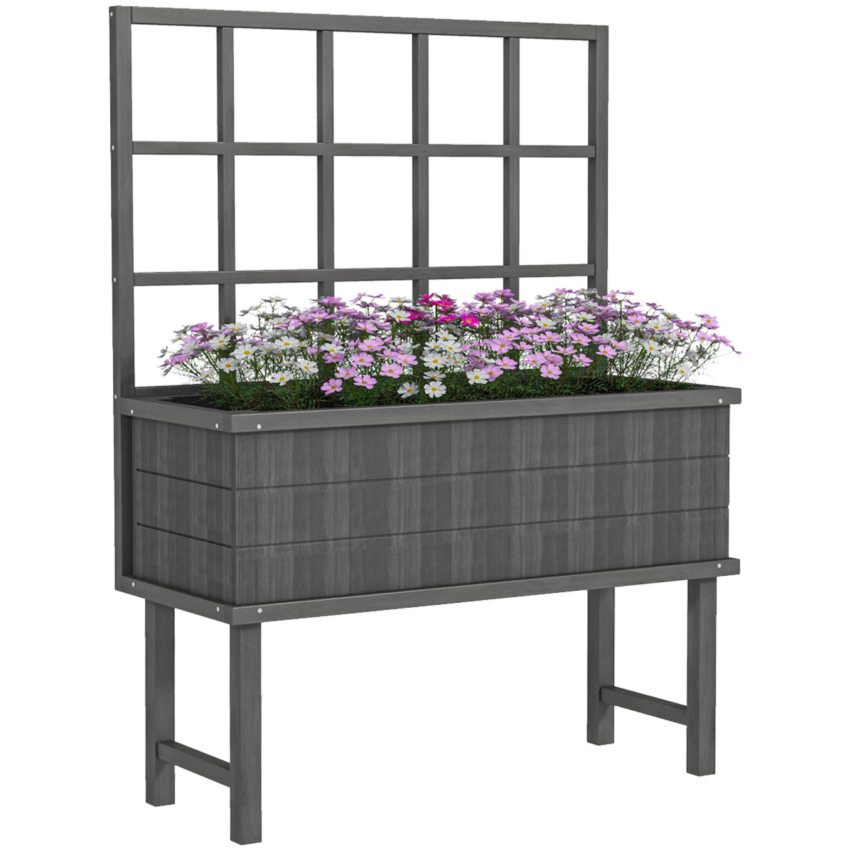 Outsunny Wood Raised Planter with Trellis, Drain Holes, Elevated Garden Bed, Grey