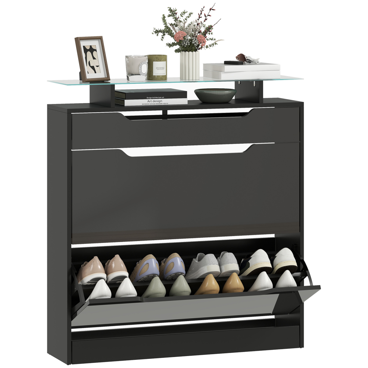 HOMCOM Slim Shoe Cabinet with Glass Top, 2 Flip Drawers, Black