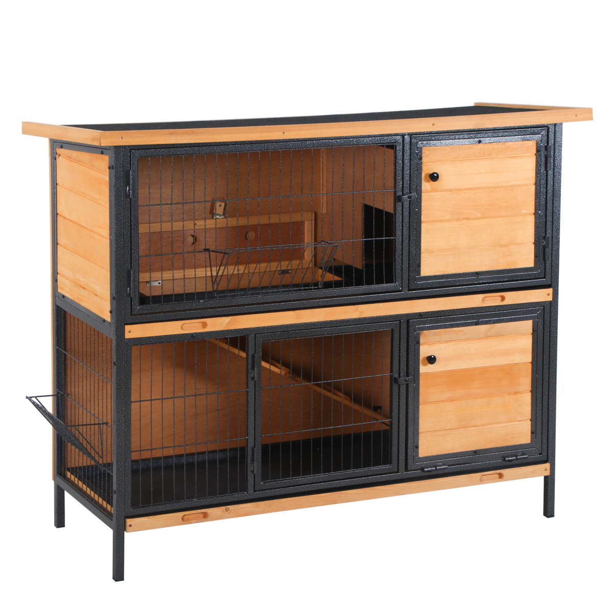 PawHut Wooden and Metal Rabbit Hutch with Slide-Out Tray, Outdoor Bunny Pet House, Light Yellow