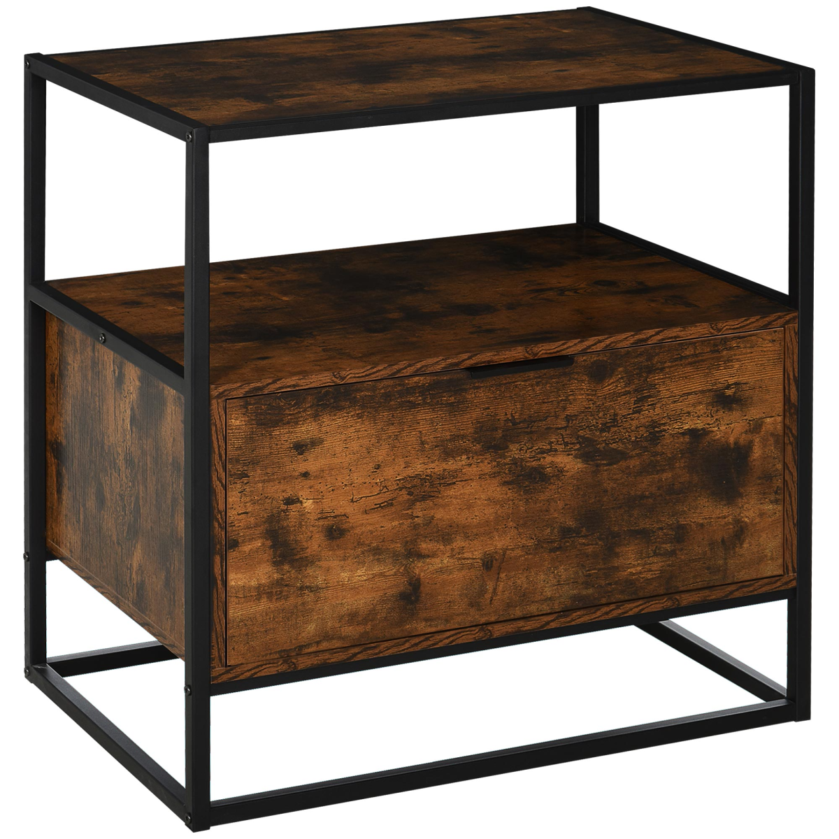 Industrial Style Side Table with Drawer and Open Shelf, Steel Frame Base, Chestnut Brown and Black