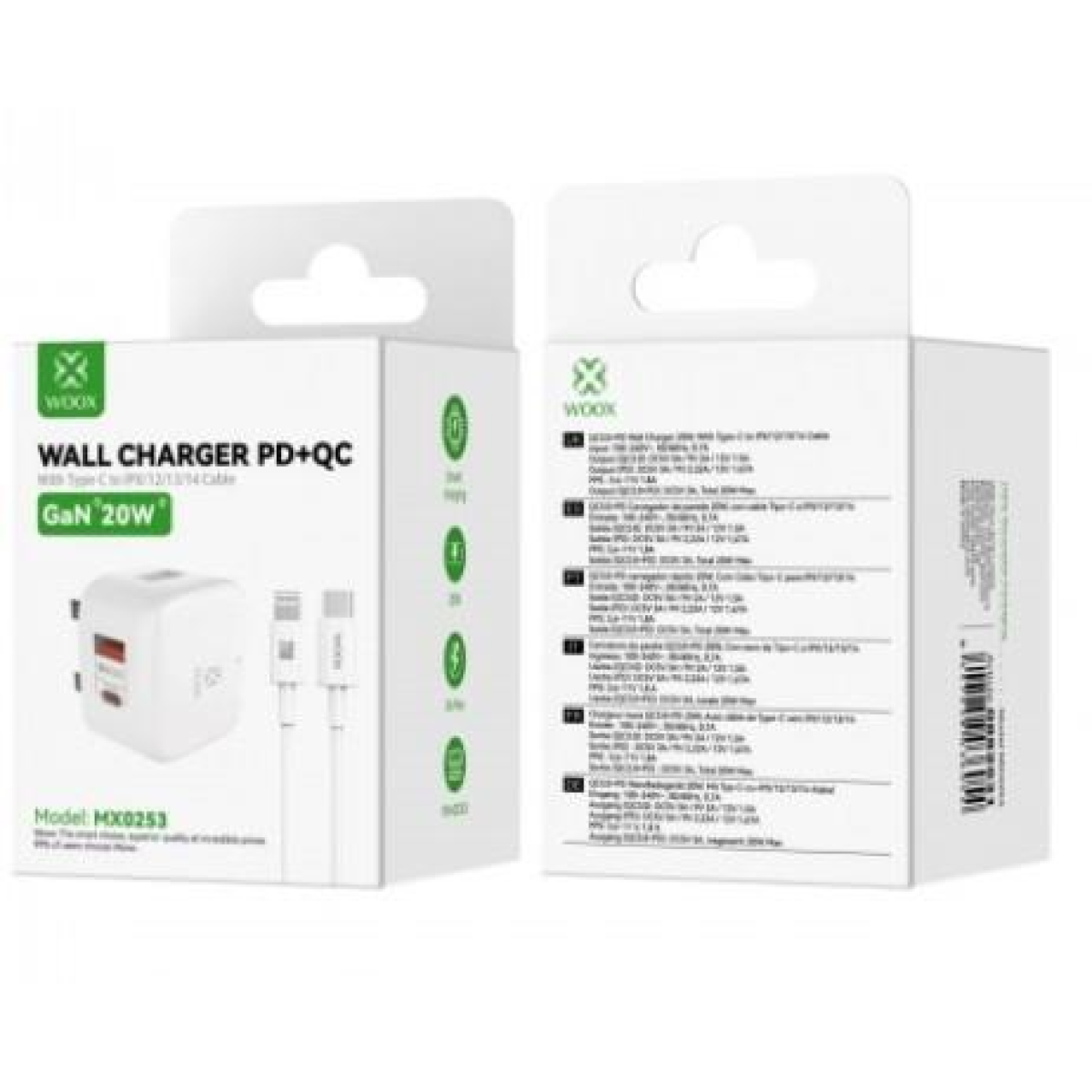 WOOX MX0253 20W PD+QC Home Charger with Type-C to Lightning Fast Cable, White